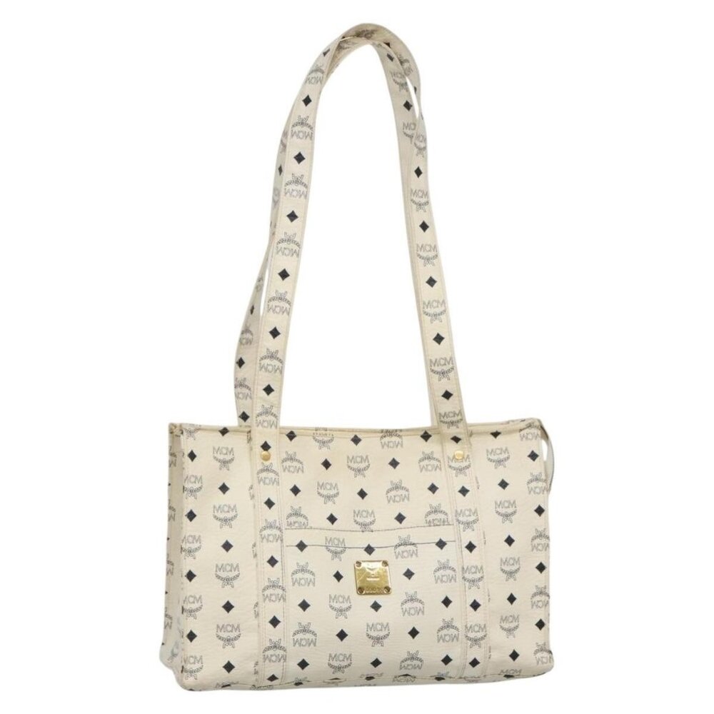 Authentic MCM Logogram Vicetos Shoulder Bag PVC Leather White Gold